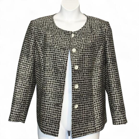 Talbots Classic Blazer Jacket Plus Size 14W Black White Silk Wool Career Vintage - Picture 2 of 10